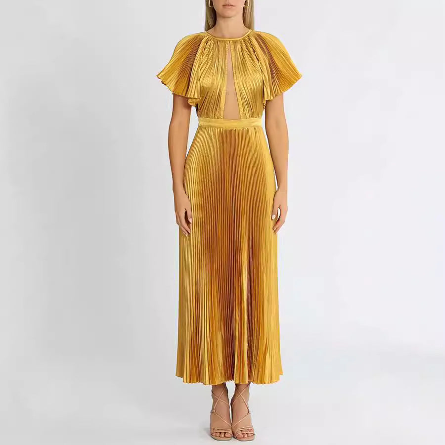 Solid Color Lotus Leaf Sleeve Evening Dress - Fashionpara