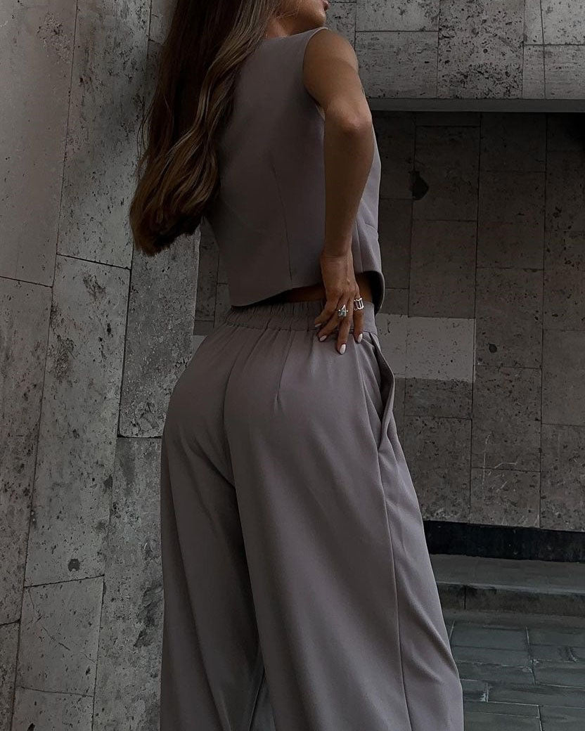 V-neck Sleeveless Coat with Wide-leg Trousers Set