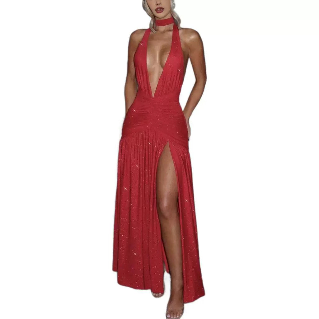 Deep V-Neck Halter Ruched High Split Glitter Maxi Dress - View 5