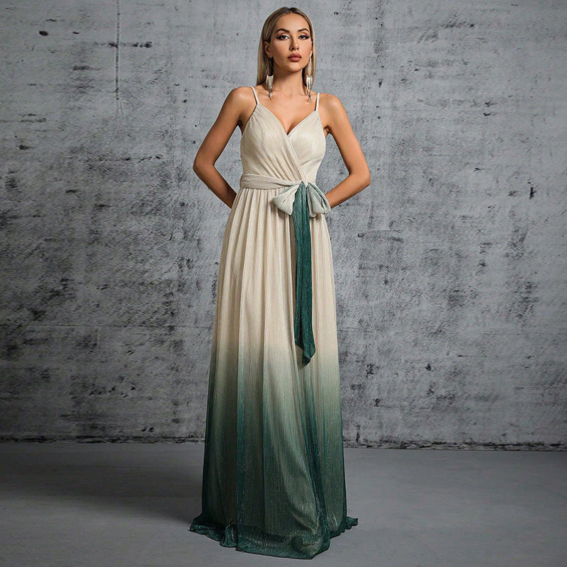 Spaghetti Strap V-Neck Backless Lace Up A-Line Maxi Gown - View 2