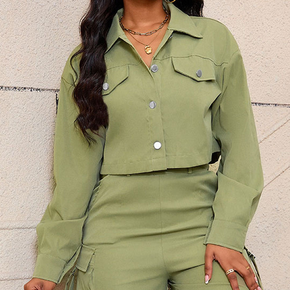 Button Front Cropped Shirt and Cargo Pants Two Piece Set 2