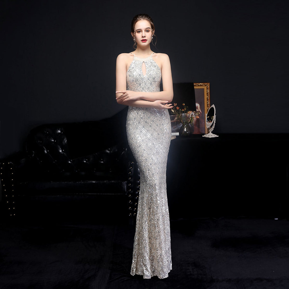 Halter Neck Keyhole Beaded Sequin Mermaid Gown - View 11