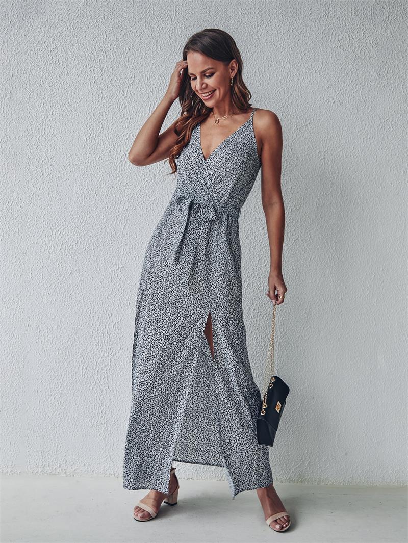 Floral Print V-Neck Wrap Spaghetti Strap Slit Maxi Dress