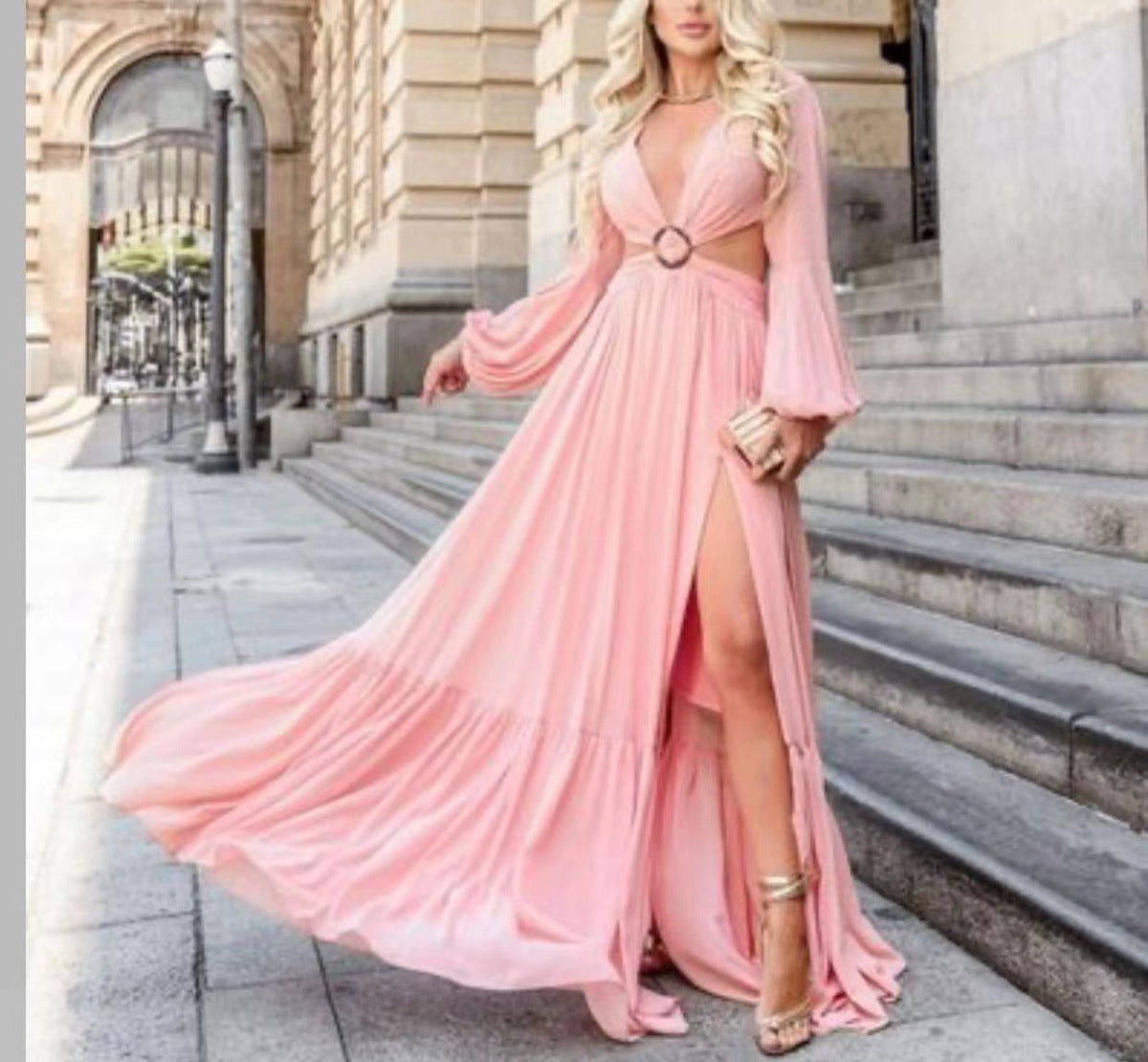 Chiffon V-Neck Long Sleeve Cutout Maxi Gown
