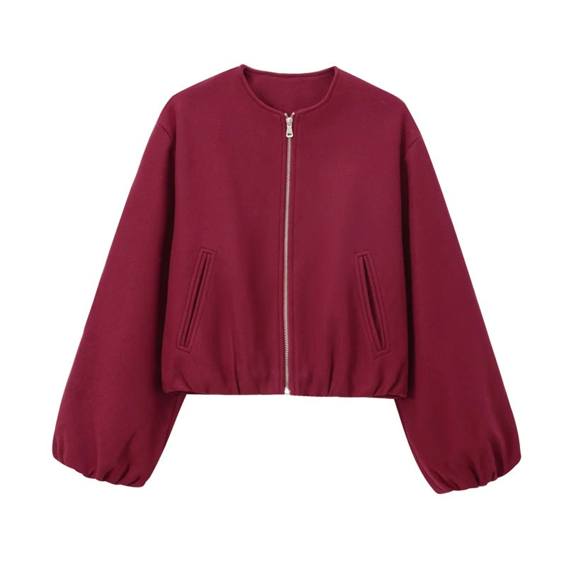 Zip Front Balloon Sleeve Cropped Bomber Jacket 2