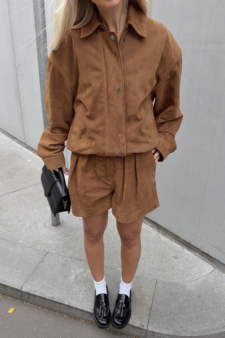 Vintage Brown Suede Lapel Jacket and Shorts Two-Piece Set