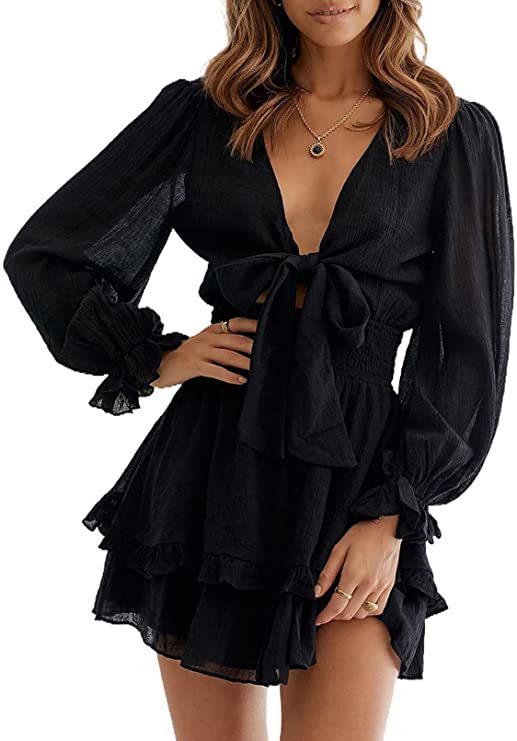 V-Neck Long Sleeve Tie Front Ruffle Tiered Mini Dress