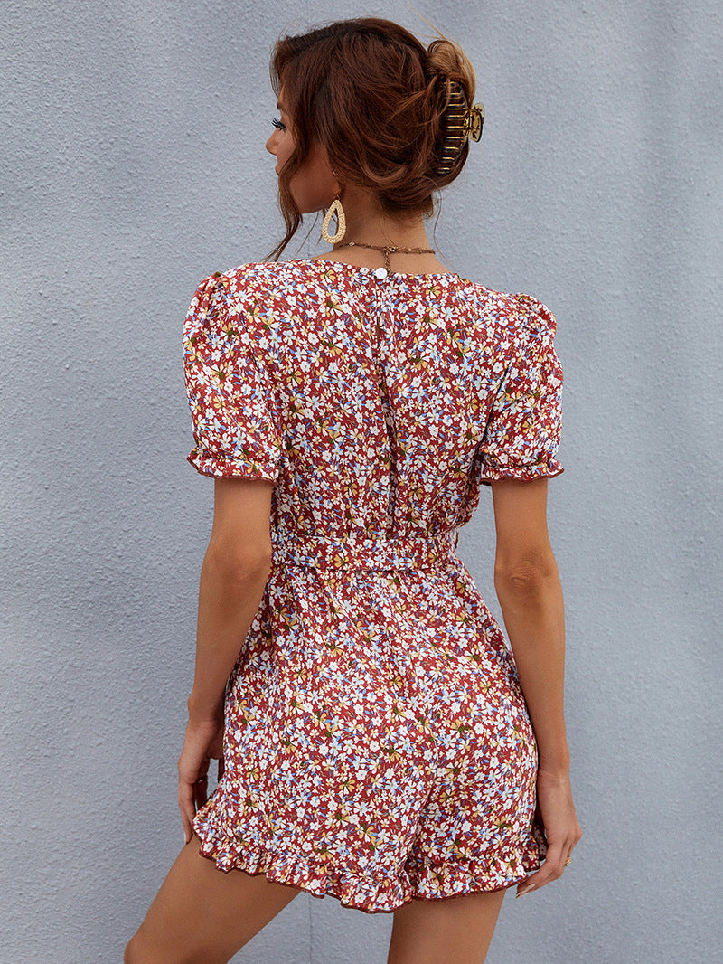 Floral Print V-Neck Short Sleeve Romper