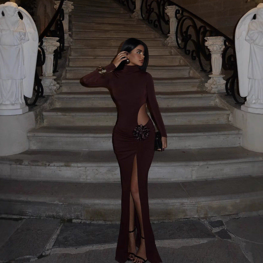 High Neck Long Sleeve Cut Out High Split Mermaid Gown