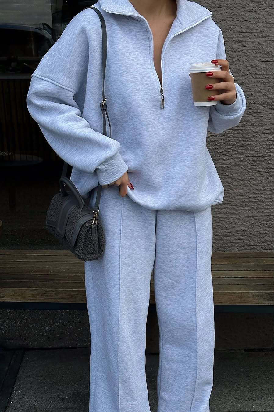 Thrifted Vibes Half-Open Pullover and Pants Set for Comfort