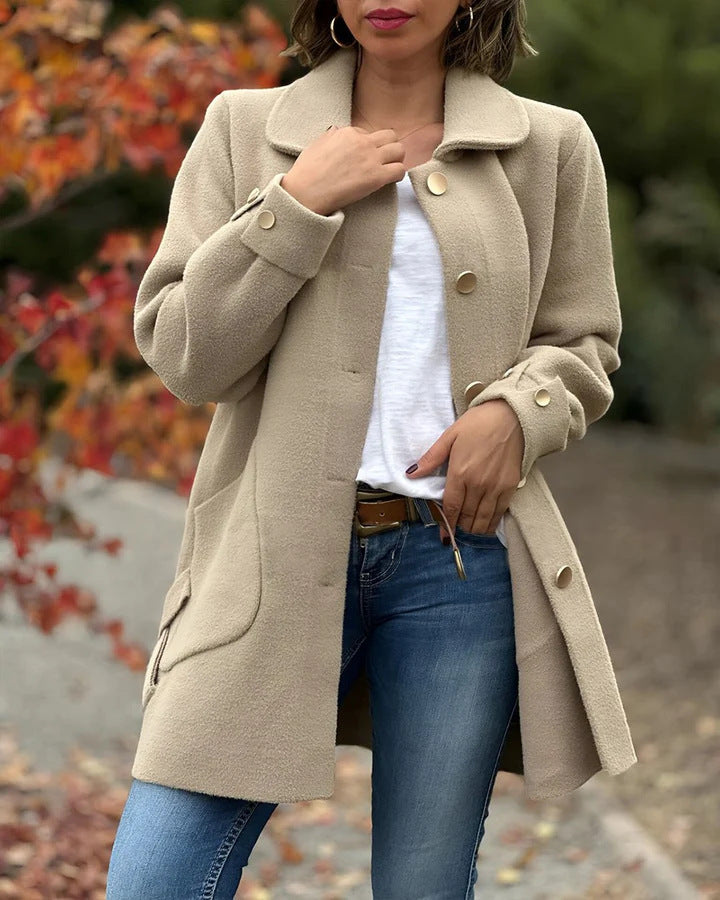 Stylish Large Pocket Side Bow Woolen Coat for Chic Looks