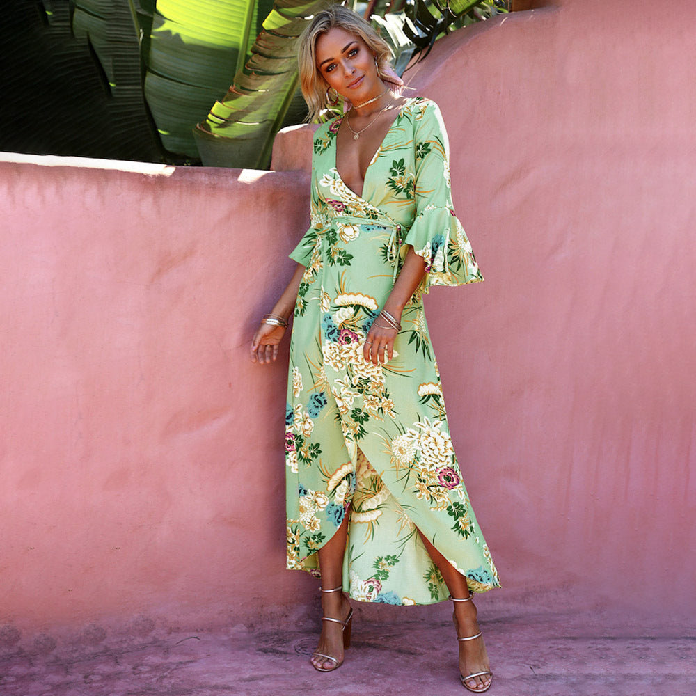Floral Print V-Neck Bell Sleeve Wrap Maxi Dress