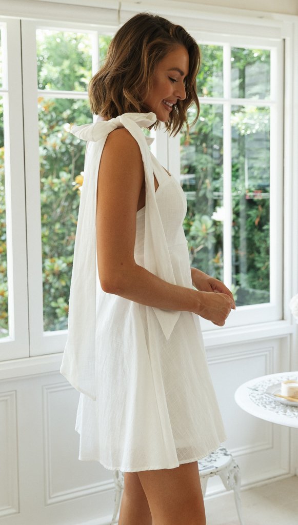 Kamila Cotton Linen Tie Strap Babydoll Dress - White - Fashionpara