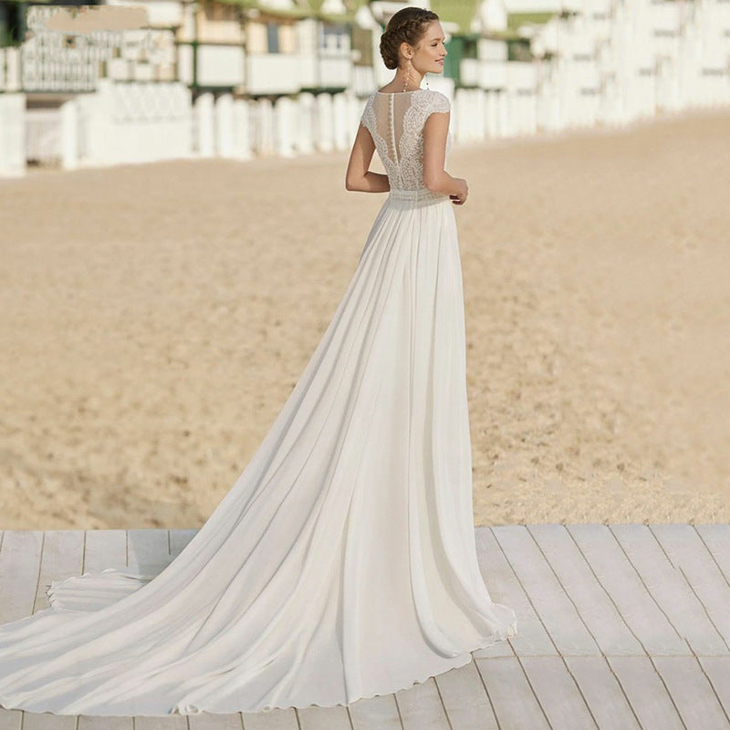 V-Neck Chiffon Long Train Wedding Dress