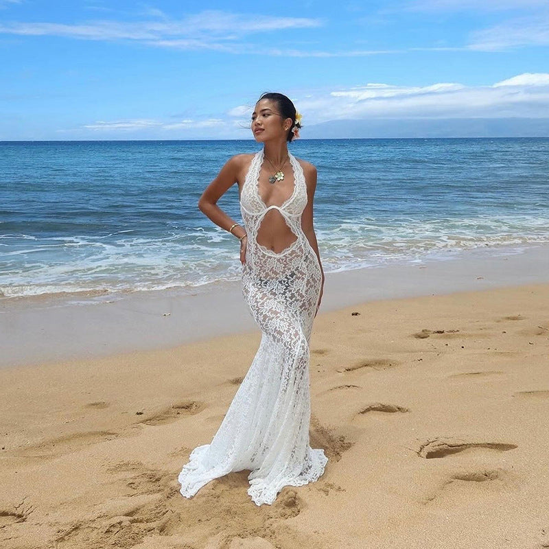 Lace Hollow Out Cutout Halter Maxi Backless Solid Color Dress - View 3