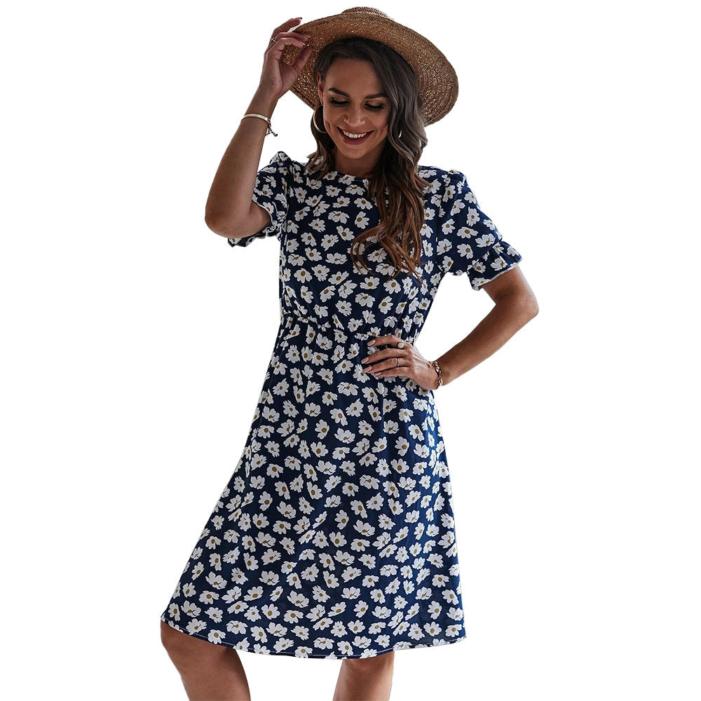 Floral Print Round Neck Puff Sleeve A-Line Midi Dress