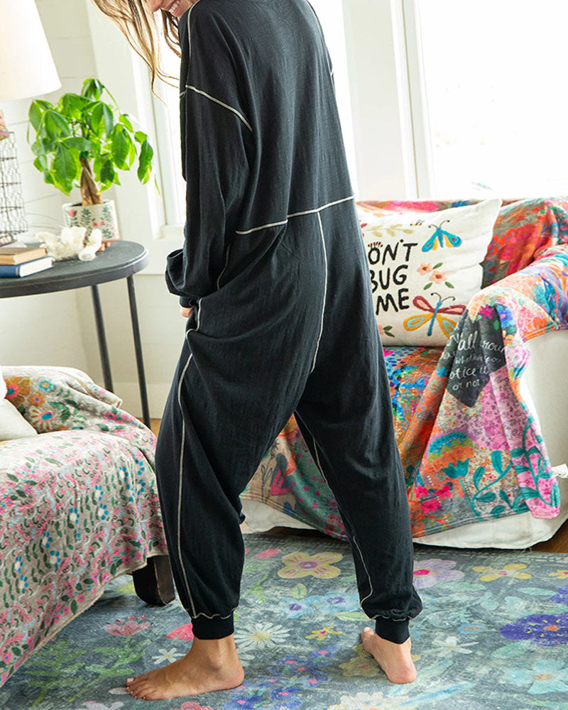 V-neck Wide Lapel Loose Drop Crotch Design Jumpsuit - Fashionpara