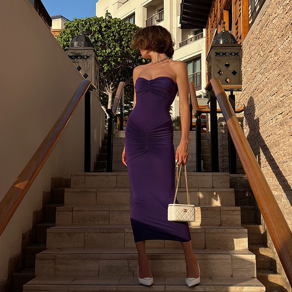 Tight Tube Top Backless Pleated Solid Color Dress Evening Dress - Fashionpara