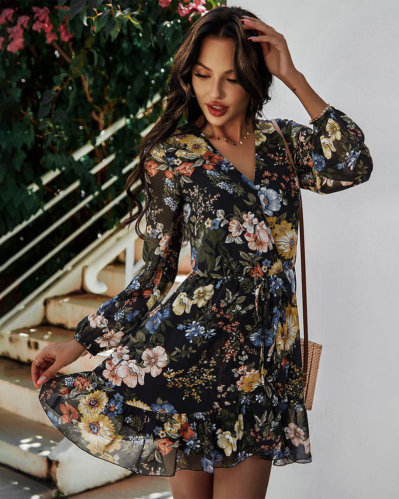 Floral Print V-Neck Long Sleeve Wrap Ruffle Mini Dress