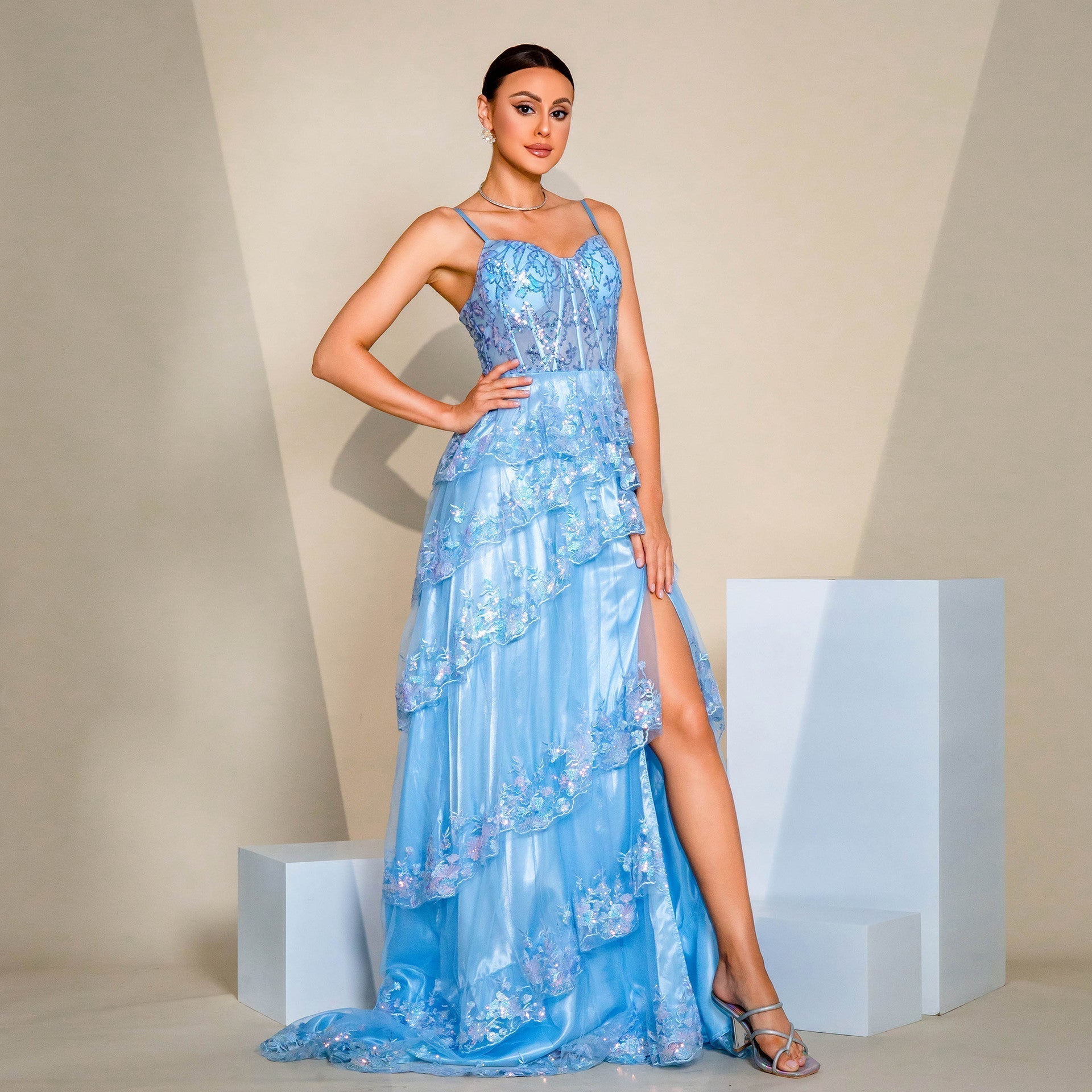 High End Suspenders Long Sequined Cocktail Large Swing Evening Dress Bridesmaid - Fashionpara