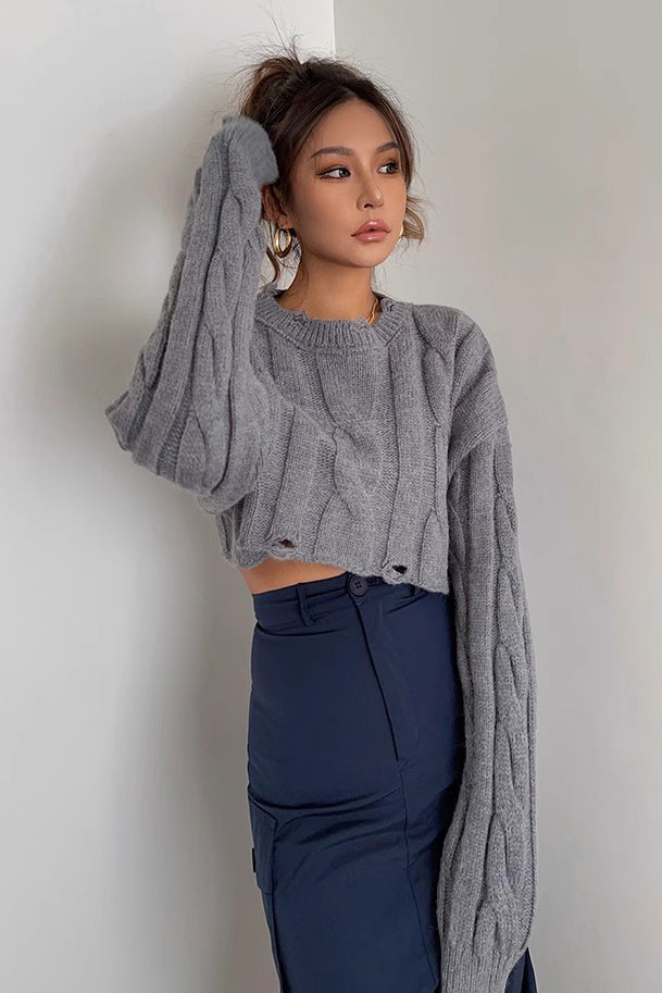 Ripped Crew Neck Cable Knit Crop Sweater for Stylish Comfort