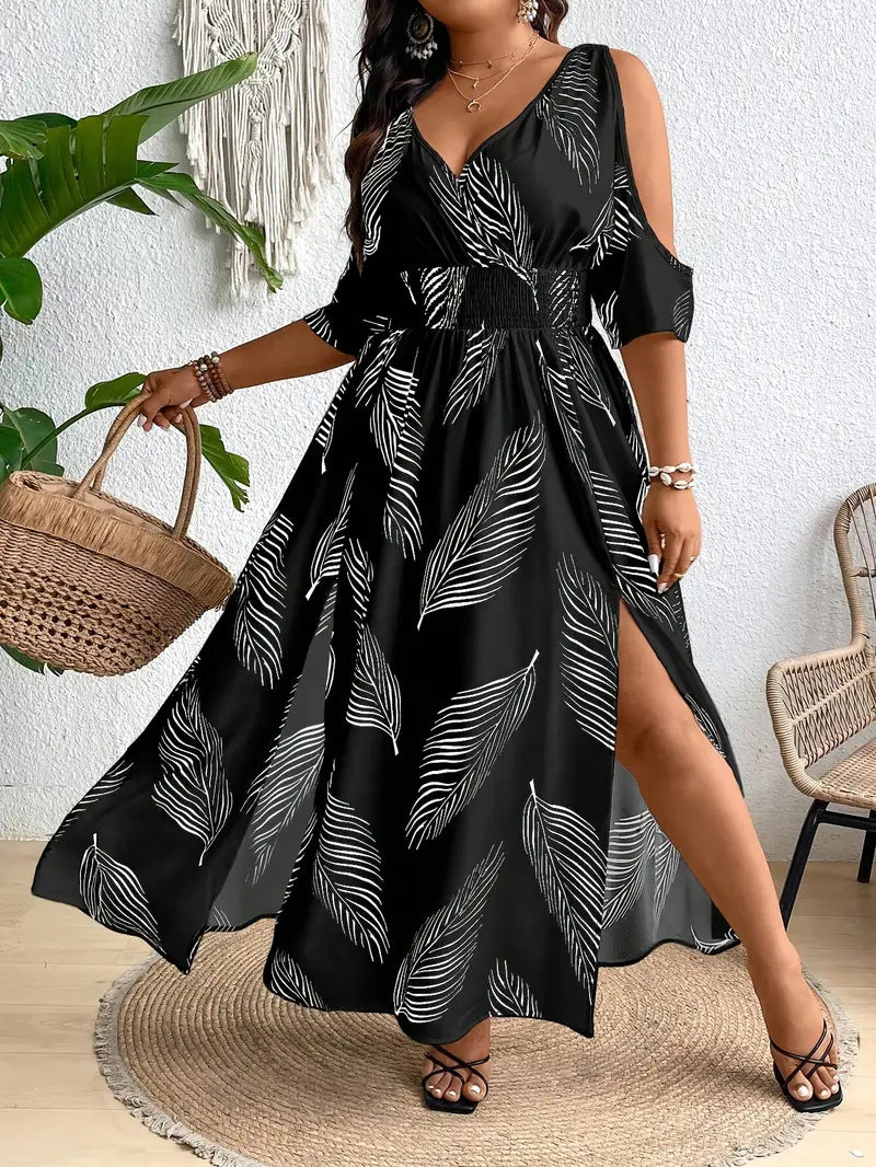 V-Neck Cold Shoulder Leaf Print High Split Maxi Dress 2