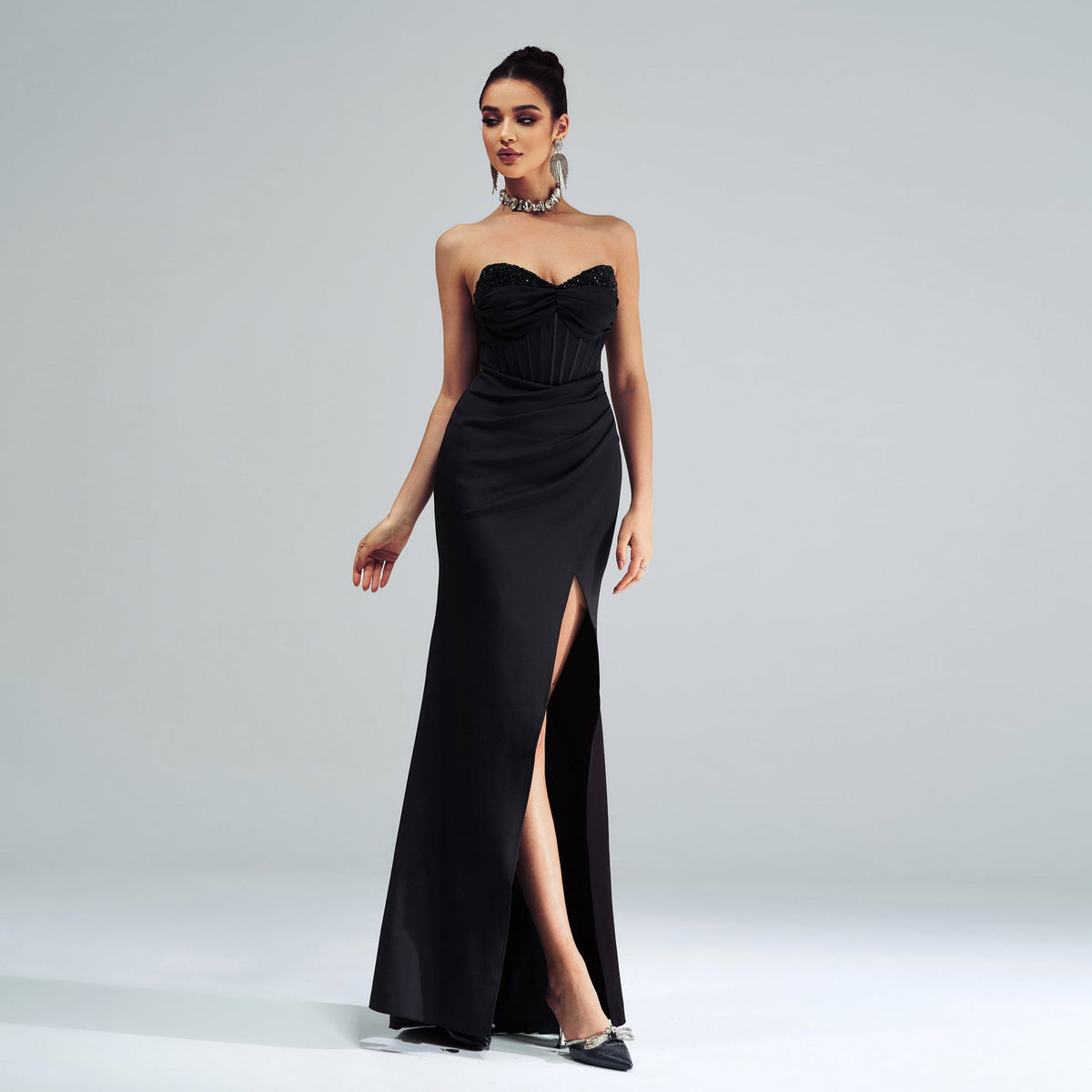 Beaded Strapless Corset Draped High-Slit Gown 4
