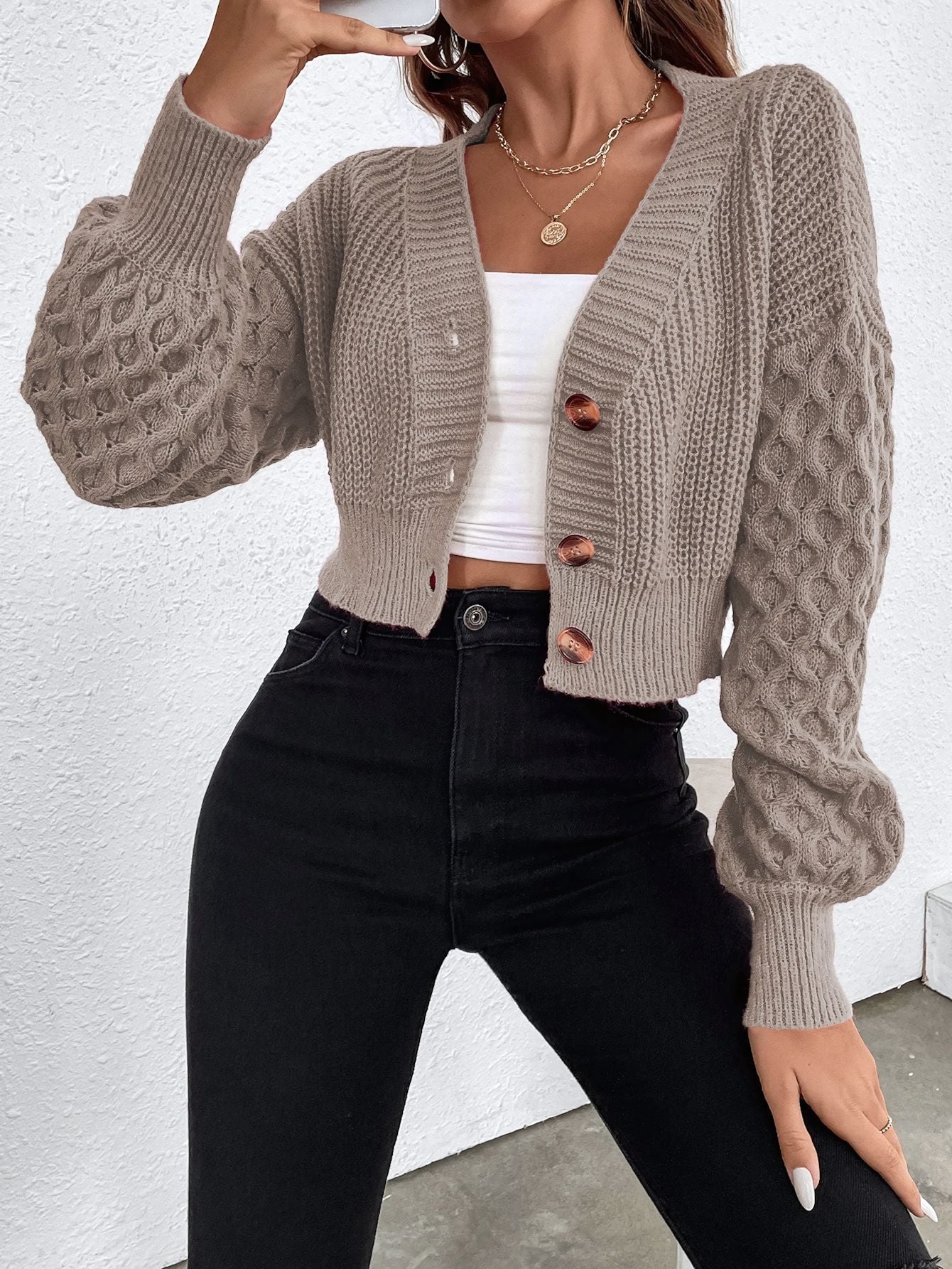 V-neck Cropped Cardigan with Drop Shoulder Sleeves