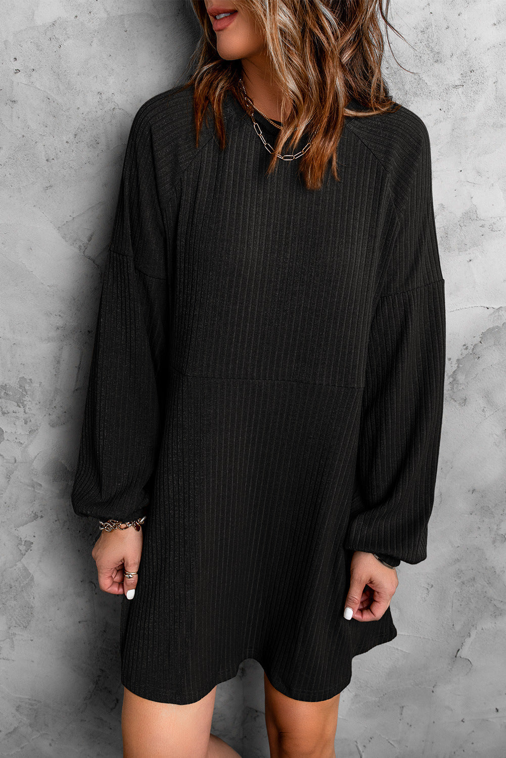 Solid color round neck high waist knitted midi dress Fashionpara