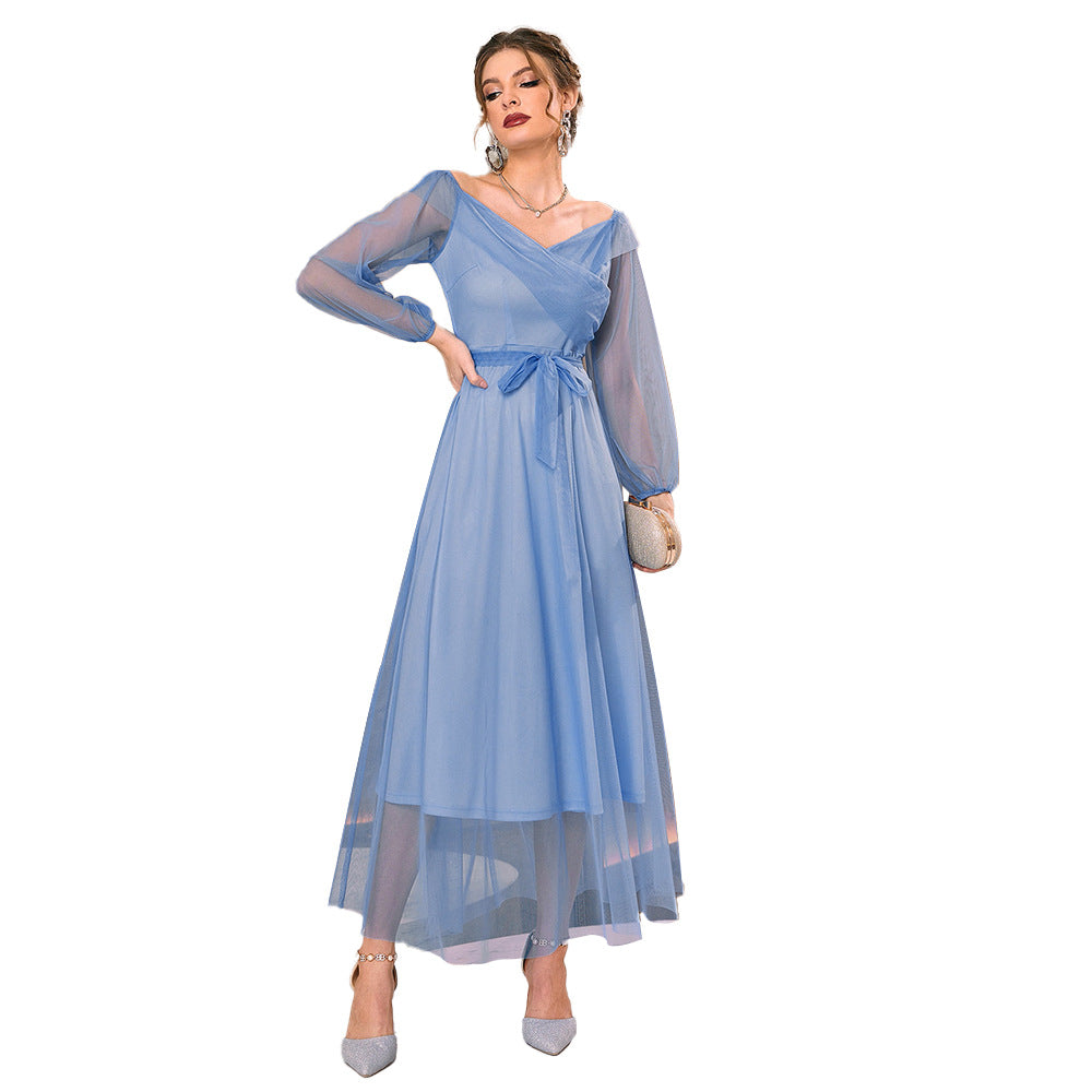 V neck High Waist Mesh Maxi Dress - View 4