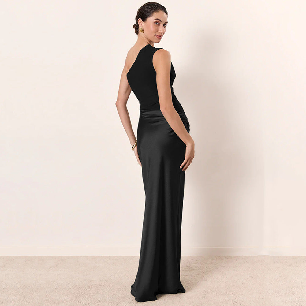 One-Shoulder Ruched Satin Bias Column Maxi Dress 5