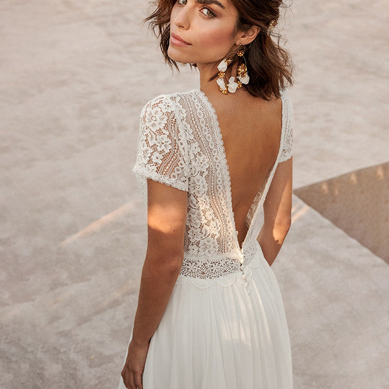 White Sheer Back Beach Wedding Dress