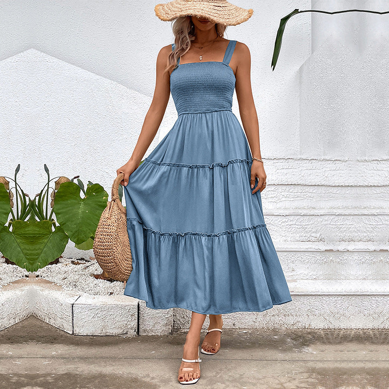 Smocked Square Neck Strappy Tiered Midi Dress