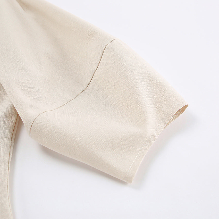Linen V-Neck Button-Front Puff-Sleeve Midi Dress 19