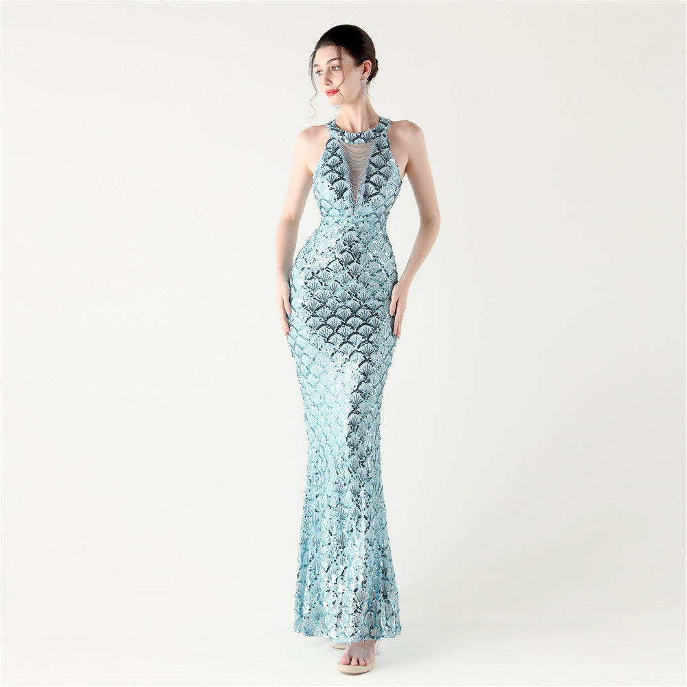 Sequin Halter Neck Backless Mermaid Maxi Evening Gown - View 4