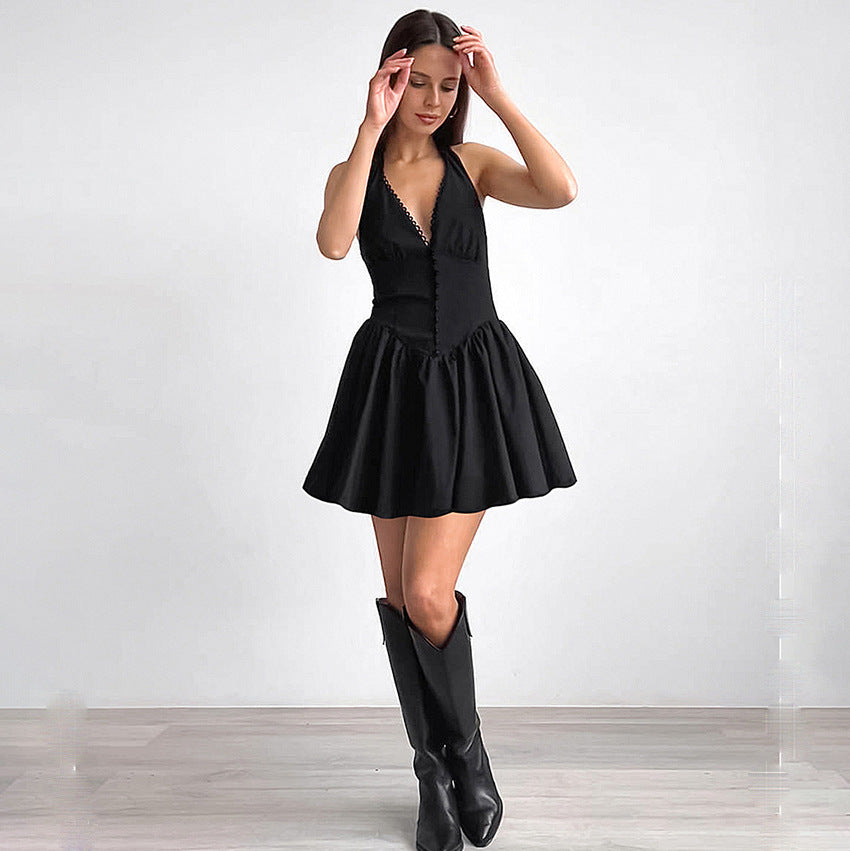 Cotton V-Neck Halter Button-Front Flared Mini Dress 2