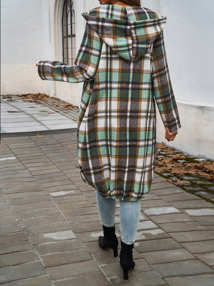 Stylish Plaid Zippered Hooded Long Jacket for Modern Looks