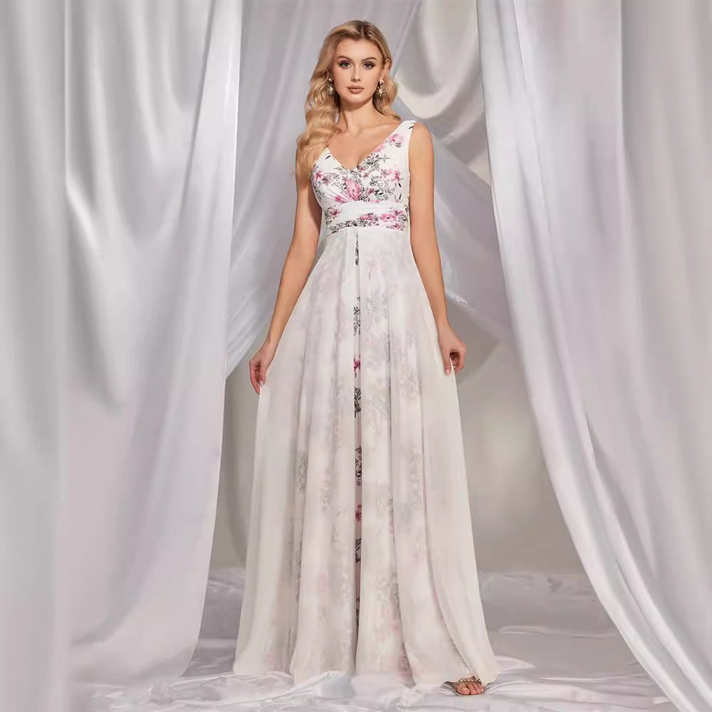 Floral Print V-Neck Chiffon A-Line Maxi Dress