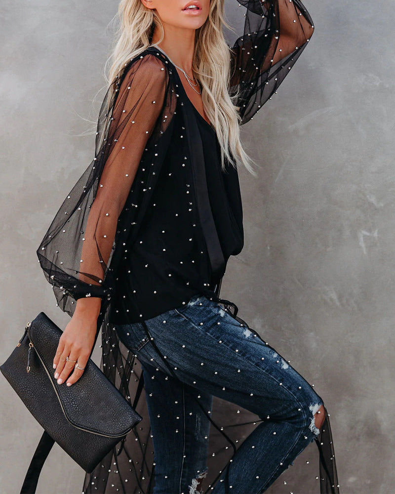 Black Starry Sheer Sequin Duster Kimono Fashionpara