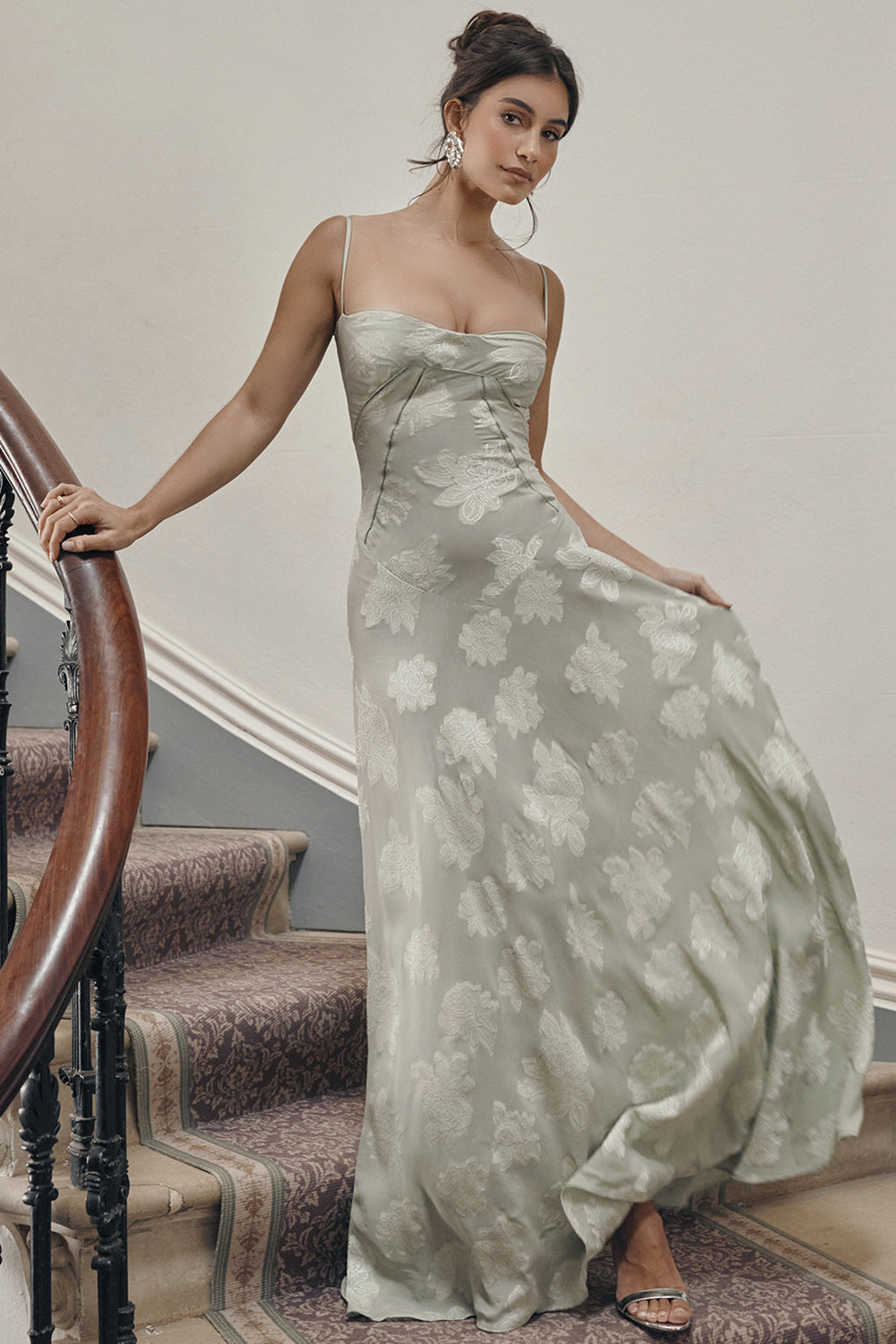 Floral Jacquard Cowl Neck Lace Up Slip Maxi Dress 2