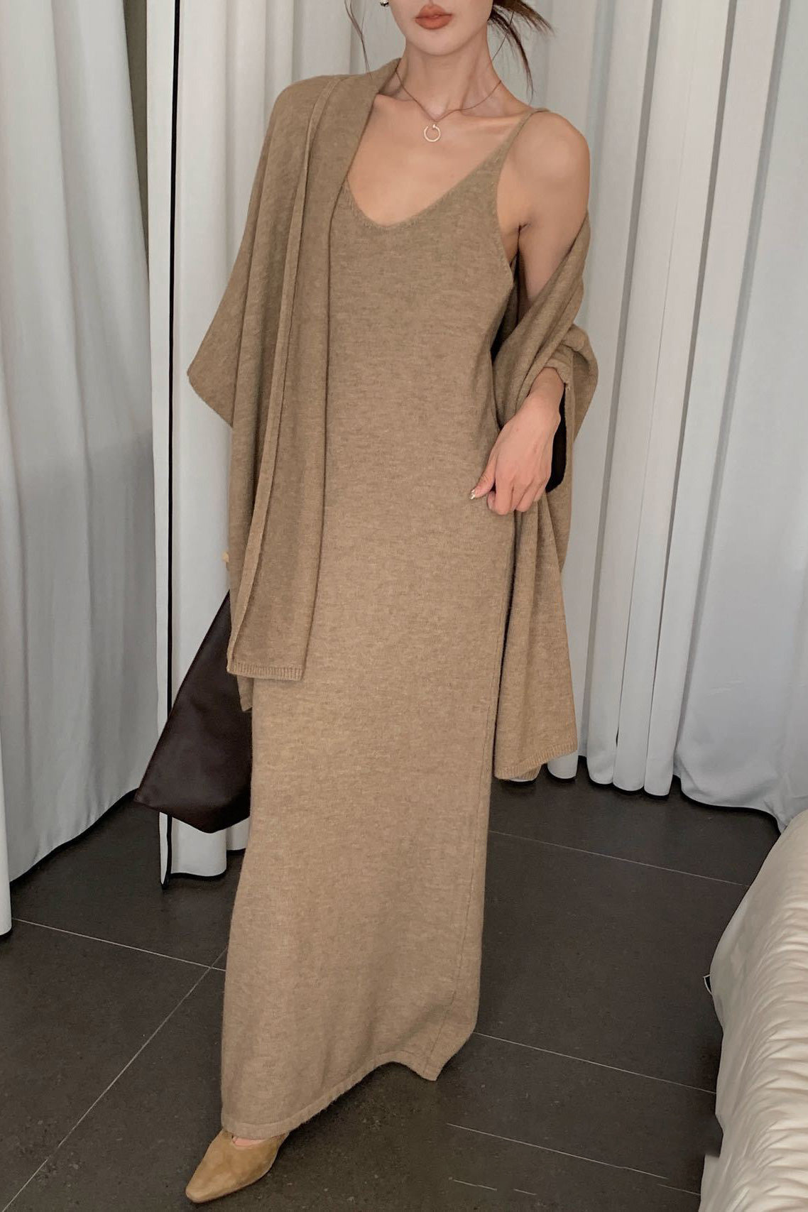 Elegant Knitted Shawl Coat and Dress Two-Piece Set