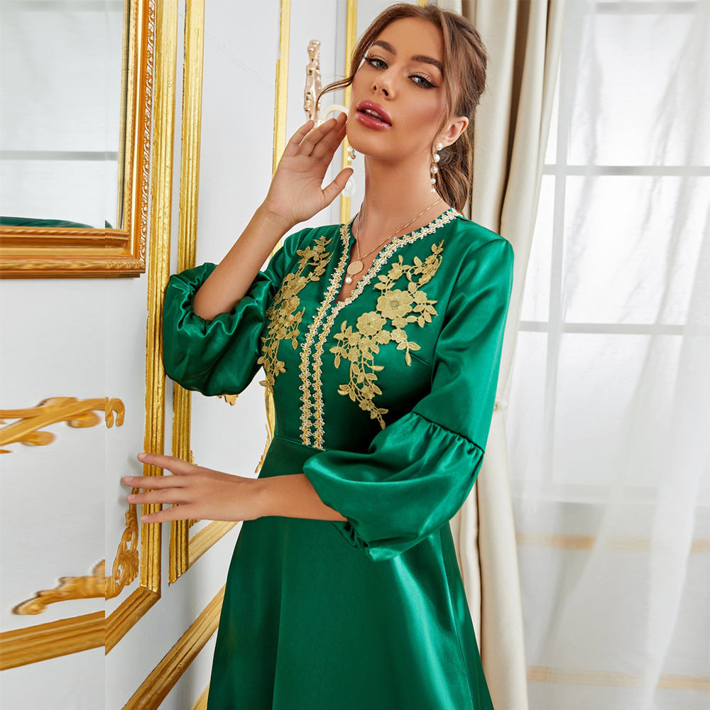 Satin V-Neck Lace Embroidery Puff Sleeve Formal Maxi Gown