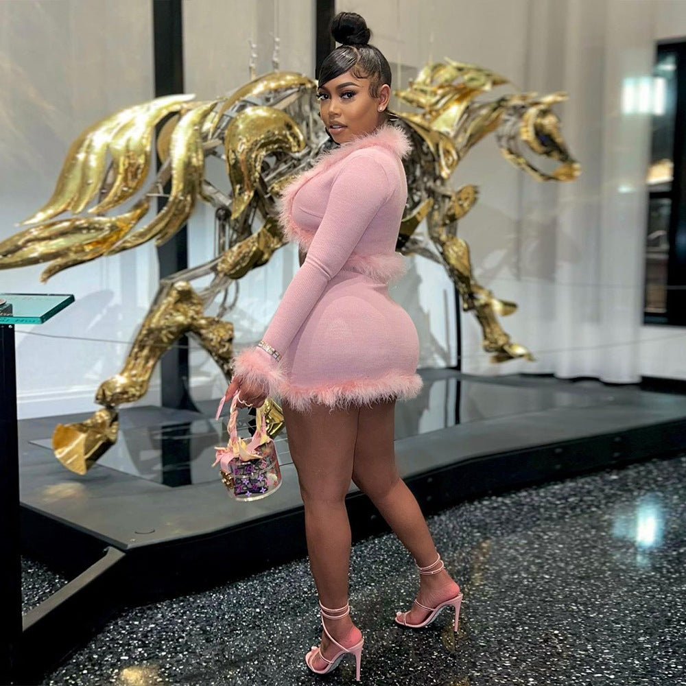 Feather Trim Satin Shirtdress - Fashionpara