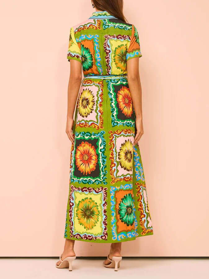 Floral Collared Short-Sleeve Belted Shirt Maxi Dress 3