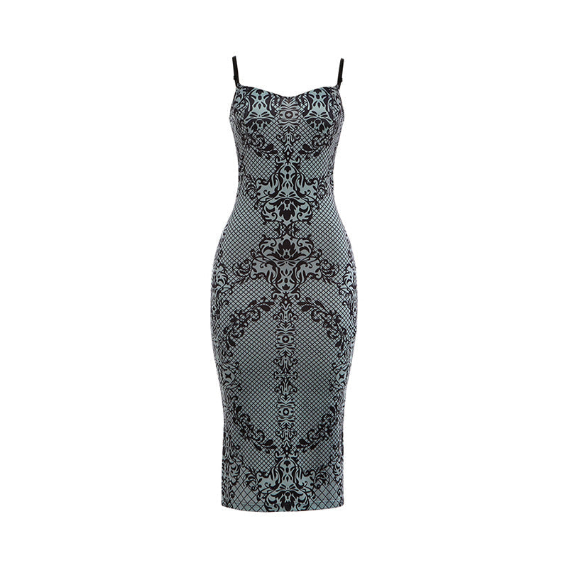 Flocked Baroque Print Square Neck Bodycon Midi Dress 6