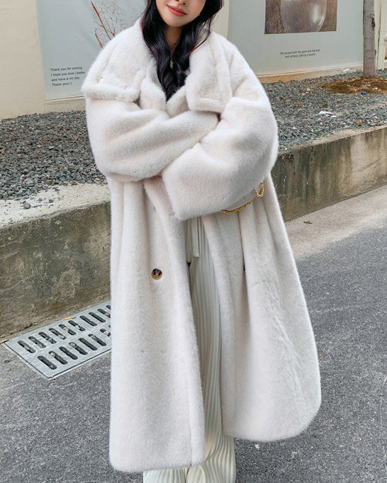 Double-Breasted Faux Mink Fur Long Coat with Stand-Up Collar