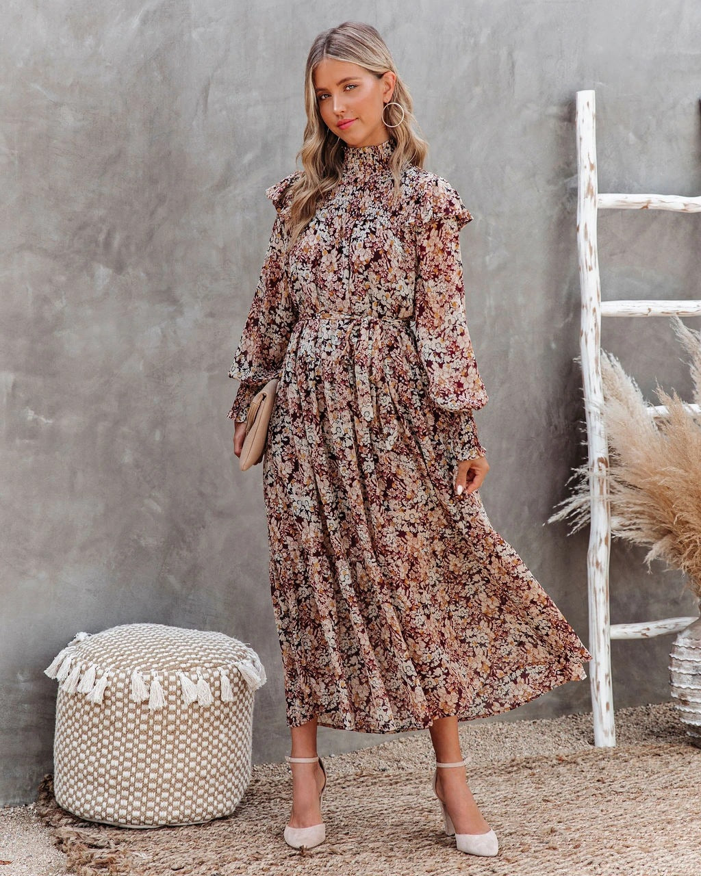 Floral Print High Neck Long Sleeve Tiered Midi Dress