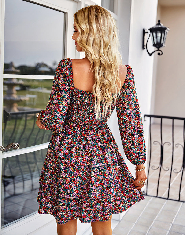 Floral Print Square Neck Puff Sleeve Tiered Mini Dress