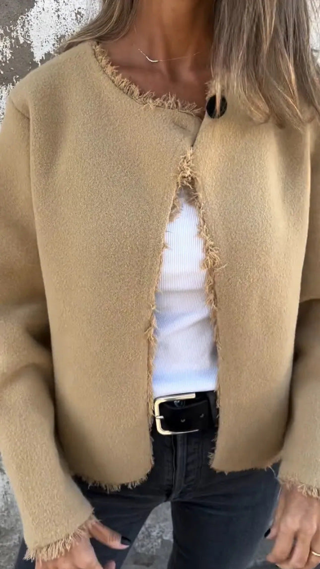 Frosted Edge Long-Sleeve Woolen Coat for Elegance and Warmth