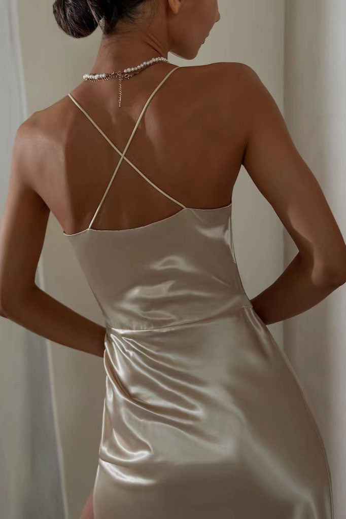 Satin Slit Suspender Mid-Calf Dress - Fashionpara